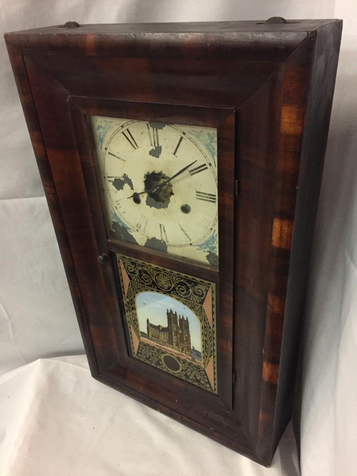 AN AMERICAN THIRTY HOUR WALL CLOCK BY JEROME AND CO IN WORKING ORDER BUT NO WARRANTY - Image 2 of 5