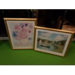 TWO FRAMED PRINTS A VAN GOGH SUNFLOWERS AND A CLAUDE MONET 'THE BRIDGE AT ARGENTIL'