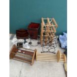 AN ASSORTMENT OF ITEMS TO INCLUDE WINE RACKS, CANDLESTICKS AND A SECTIONAL DESK TIDY ETC