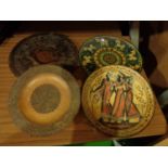 FOUR WALL PLAQUES, TWO CERAMIC AND TWO WOODEN ONE WITH A GRECIAN SCCENE