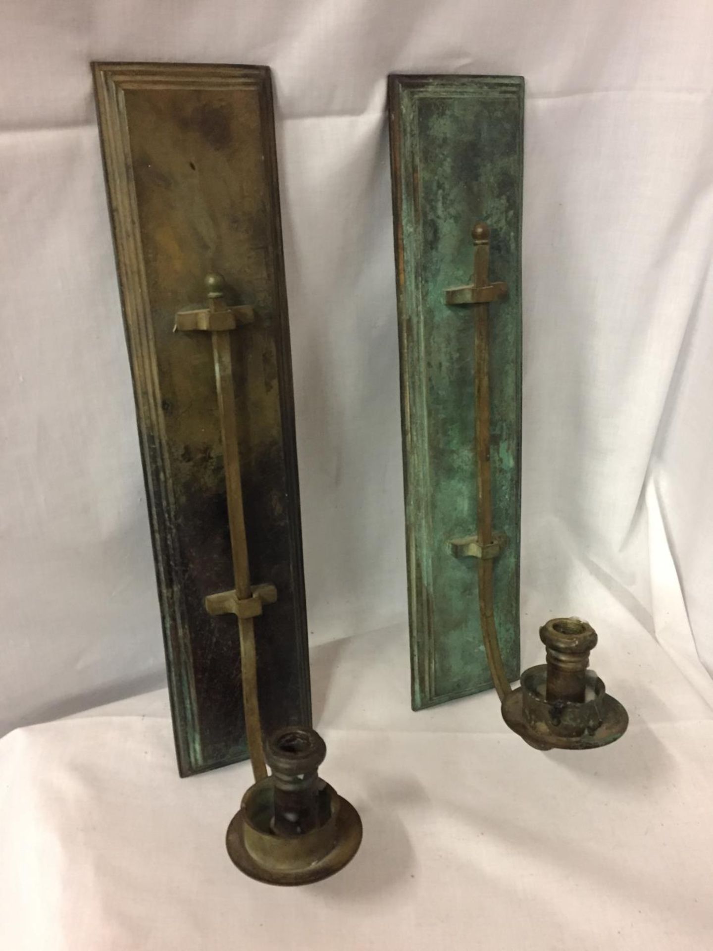 A PAIR OF 19TH CENTURY ADJUSTABLE BRASS CANDLE SCONCES 45CM X 60CM