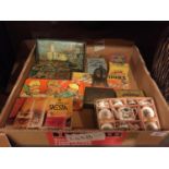 A QUANTITY OF ITEMS TO INCLUDE VINTAGE TINS, BOXED TUMBLERS, CHILD'S TEASET, XYLOPHONE, ETC