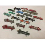 A COLLECTION OF PLAY WORN VINTAGE CORGI AND DINKY RACING CARS
