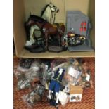 A QUANTITY OF MILITARY MODEL FIGURE ACCESSORIES - TWO HORSES, A MOTORBIKE, CLOTHING, PART FIGURES