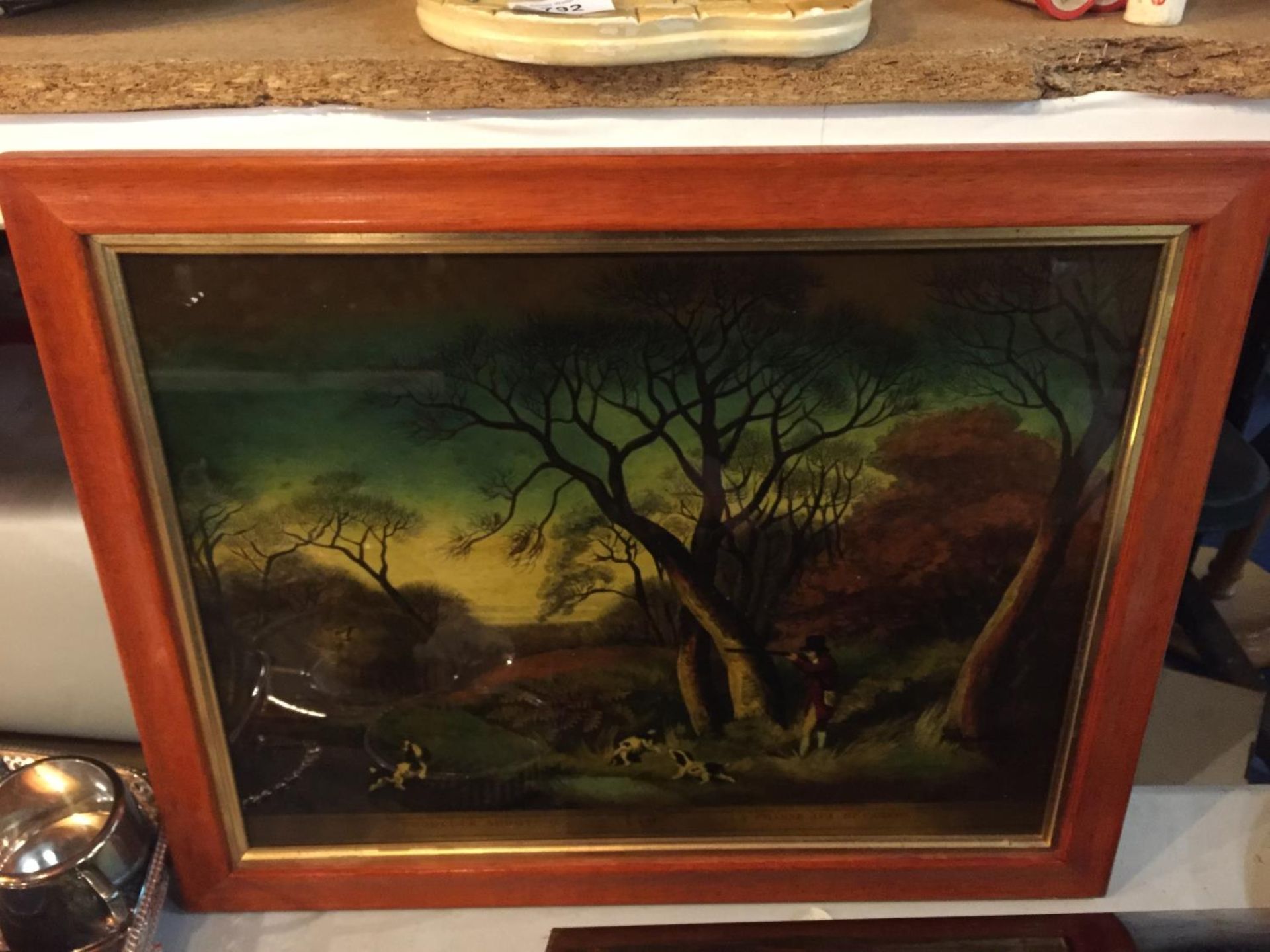 A FRAMED ORIGINAL HAND GLASS PAINTING WOODCOCK SHOOTING