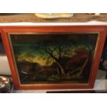 A FRAMED ORIGINAL HAND GLASS PAINTING WOODCOCK SHOOTING