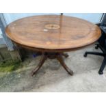 AN OVAL VICTORIAN WALNUT AND INLAID LOO TABLE, 41 X 29"