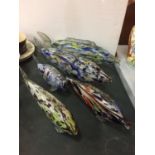 FIVE MURANO STYLE MULTI COLOURED GLASS FISH, LENGTH 50CM AND 37CM