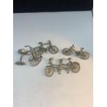 FOUR MARKED 800 SILVER MINIATURE BIKES TO INCLUDE A TANDEM AND TRIKE