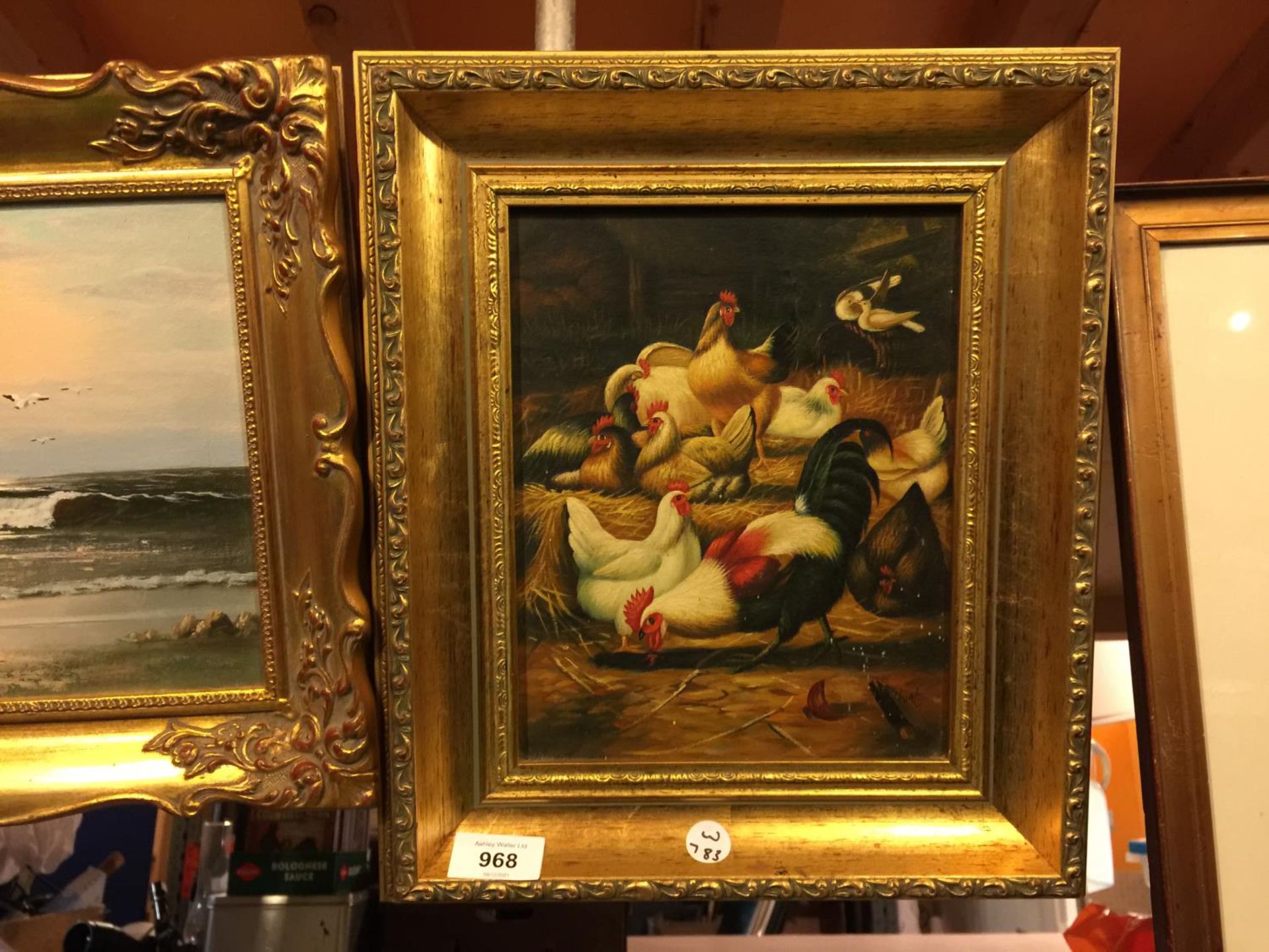 TWO GILT FRAMED OIL ON CANVAS PAINTINGS OF HENS AND A SEA SCAPE - Image 3 of 4