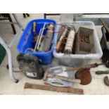 AN ASSORTMENT OF VINTAGE TOOLS TO INCLUDE OIL CANS, NUTS AND BOLTS AND HAMMERS ETC