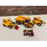 FOUR VINTAGE VEHICLES TO INCLUDE TWO JCB LOADALLS, A JCB DUMP TRUCK AND A BRITIANS DUMPER