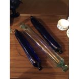 ONE CLEAR AND TWO BLUE GLASS ROLLING PINS