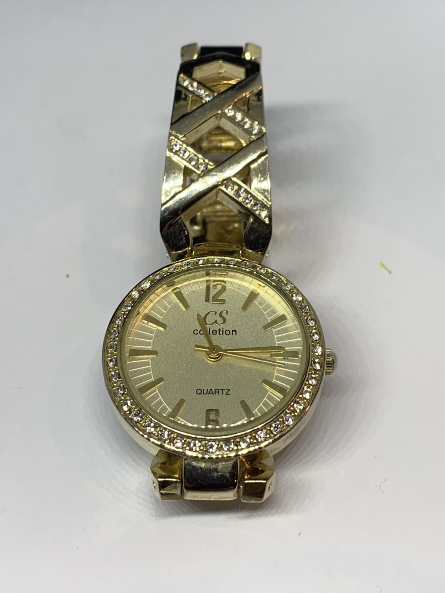 TWO DECORATIVE WRIST WATCHES WITH CLEAR STONE DECORATION ONE WITH A RECTANGULAR FACE AND A - Image 2 of 4