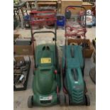 A BOSCH ROTAK 32R ELECTRIC LAWNMOWER WITH GRASS BOX AND A QUALCAST POWER-TRAK 400 ELECTRIC LAWNMOWER