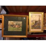 TWO FRAMED PICTURES OF A FARMHOUSE AND A COUNTRY SCENE