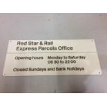 A RED STAR AND RAIL EXPRESS PARCELS OFFICE TIN SIGN