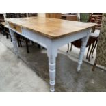 A VICTORIAN PINE SCRUB TOP KITCHEN TABLE WITH SINGLE DRAWER, HAVING SCOOP HANDLE, 53 X 29"
