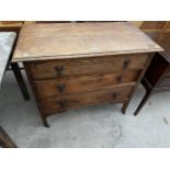 AN EARLY 20TH CENTURY OAK CHEST OF THREE DRAWERS, 36" WIDE