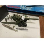 A BRITAINS DIECAST MODEL OF A FIELD GUN AND A SELECTION OF MODEL SOLDIERS, SHIP, GUN