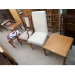 A MODERN COFFEE TABLE, DINING CHAIR, SMALL STOOL AND AN EDWARDIAN BEECH ELBOW CHAIR