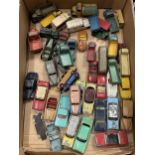 A BOX OF APPROX 42 DIECAST DINKY VEHICLES TO INCLUDE, BUSES, TRUCKS, CARS, ETC