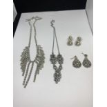 TWO DIAMANTE NECKLACES WITH TWO PAIRS OF MATCHING EARRINGS