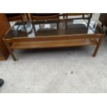 A RETRO TEAK TWO TIER COFFEE TABLE WITH SMOKED GLASS TOP, 45 X 19"