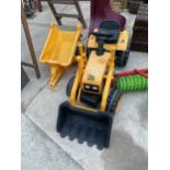 A JCB PEDDLE TRACTOR WITH LOADER AND TRAILER