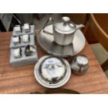 A STAINLESS STEEL COFFEE POT, TRAY AND NAPKIN RINGS ETC