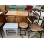 AN OAK OCCASIONAL TABLE ON BARLEYTWIST LEGS, PAINTED STOOL AND WHEELBACK ELBOW CHAIR