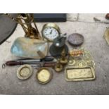 AN ASSORTMENT OF METAL WARE ITEMS TO CONSIST OF MAINLY BRASS TO INCLUDE A BELL, A FIRESIDE COMPANION