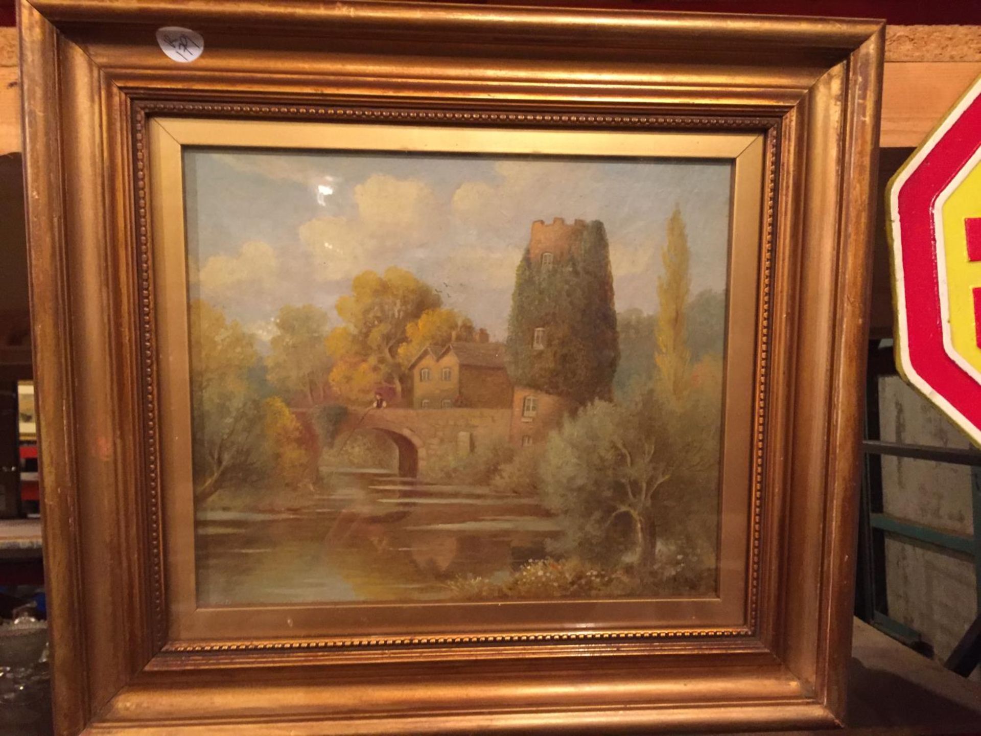 A GILT FRAMED OIL ON BOARD OF A MAN ON A BRIDGE FISHING. SIGNED H JAPMAN?? 1918 - Image 2 of 2