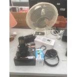 AN ASSORTMENT OF ITEMS TO INCLUDE A ROBERTS RADIO, A TABLE FAN AND PHONES ETC