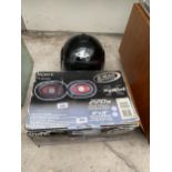 A PAIR OF THREE WAY CAR SPEAKERS AND A MOTORBIKE HELMET