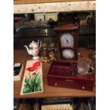 A COLLECTION OF ITEMS TO ICLUDE A CLOCK, TWO GILT CANDLE STICKS (ONE A/F) A DESK TIDY WITH THE