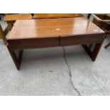 A RETRO TEAK AND SPLIT CANE COFFEE TABLE WITH TWO DRAWERS, 38 X 19"