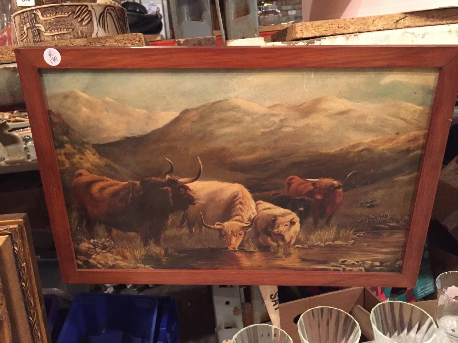 A WOODEN FRAMED PICTURE OF CATTLE AT A RIVER - Image 2 of 3