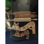 VINTAGE ROLLING PINS AND TWO WOODEN CATS