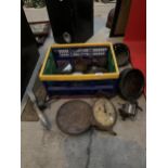 AN ASSORTMENT OF VINTAGE ITEMS TO INCLUDE PULLEY WHEELS, LIGHTS AND SCALES ETC