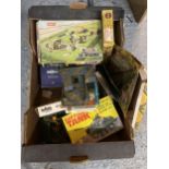 A BOX CONTAINING AIRFIX SOLDIERS, A BOXED CORGI HAWKER HUNTER, BOXED TANK, ETC