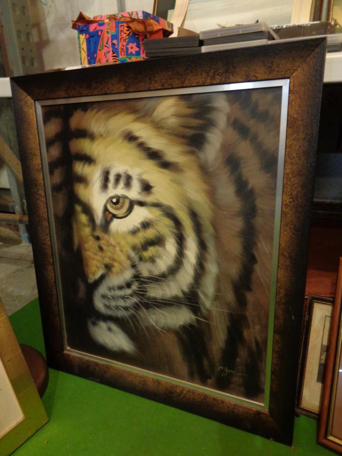 A FRAMED PAINTING ON BOARD OF A TIGER - Image 3 of 3