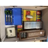 A DOMINO SET, CRIBBAGE BOARD, DARTS, CHESS SET, ETC