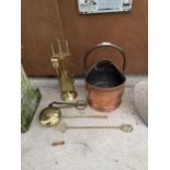 A COPPER COAL SCUTTLE A BRASS FIRESIDE COMPANION SET AND FURTHER FIRESIDE ITEMS TO INCLUDE A BRASS