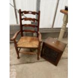 A CHILDS LANCASHIRE STYLE LADDERBACK CHAIR WITH RUSH SEAT AND SMALL CUPBOARD WITH CARVED FOLIATE
