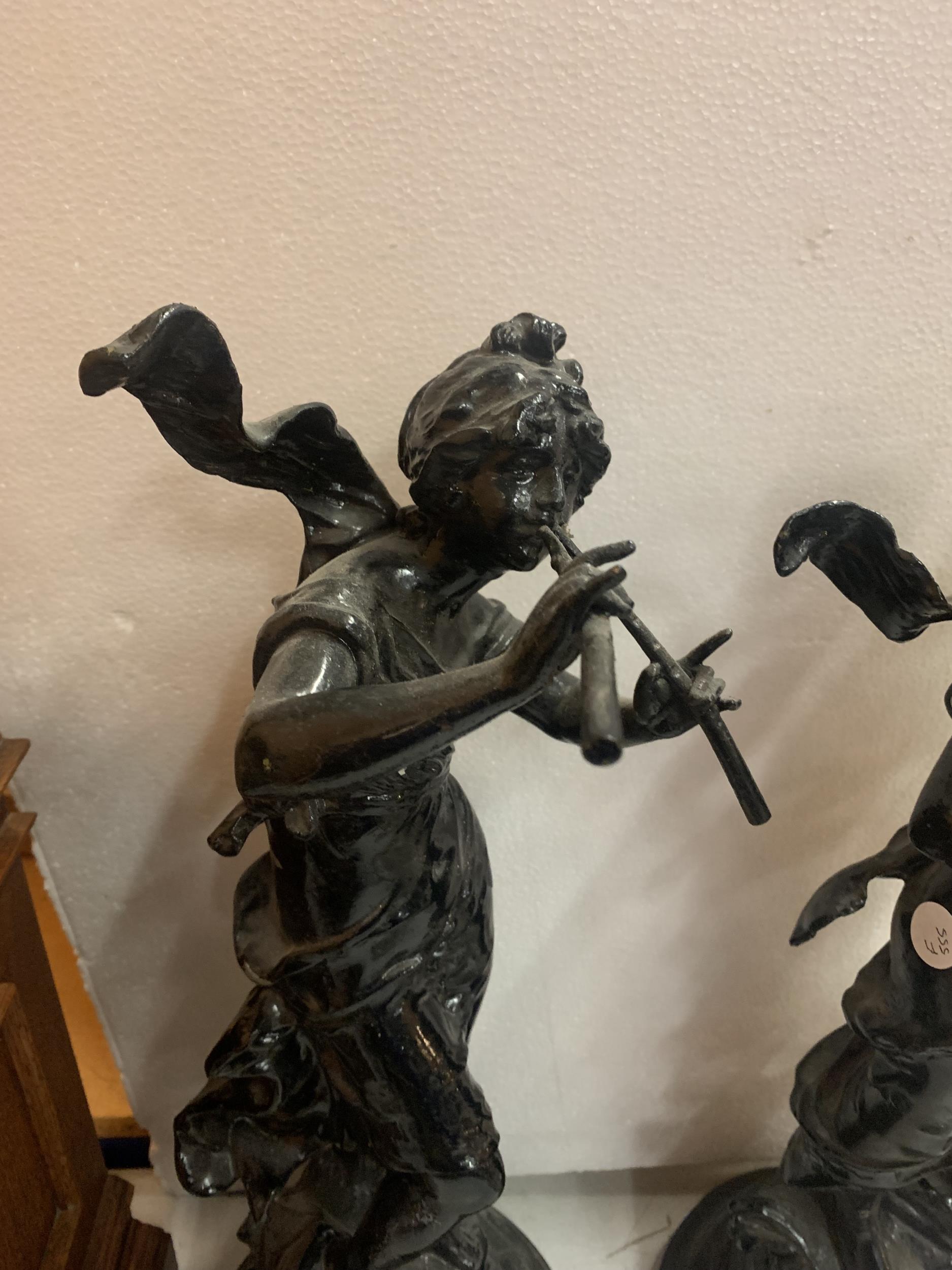 TWO RESIN FIGURINES ON A WOODEN BASES OF LADIES PLAYING MUSICAL INSTRUMENTS 51CM TALL - Image 3 of 3