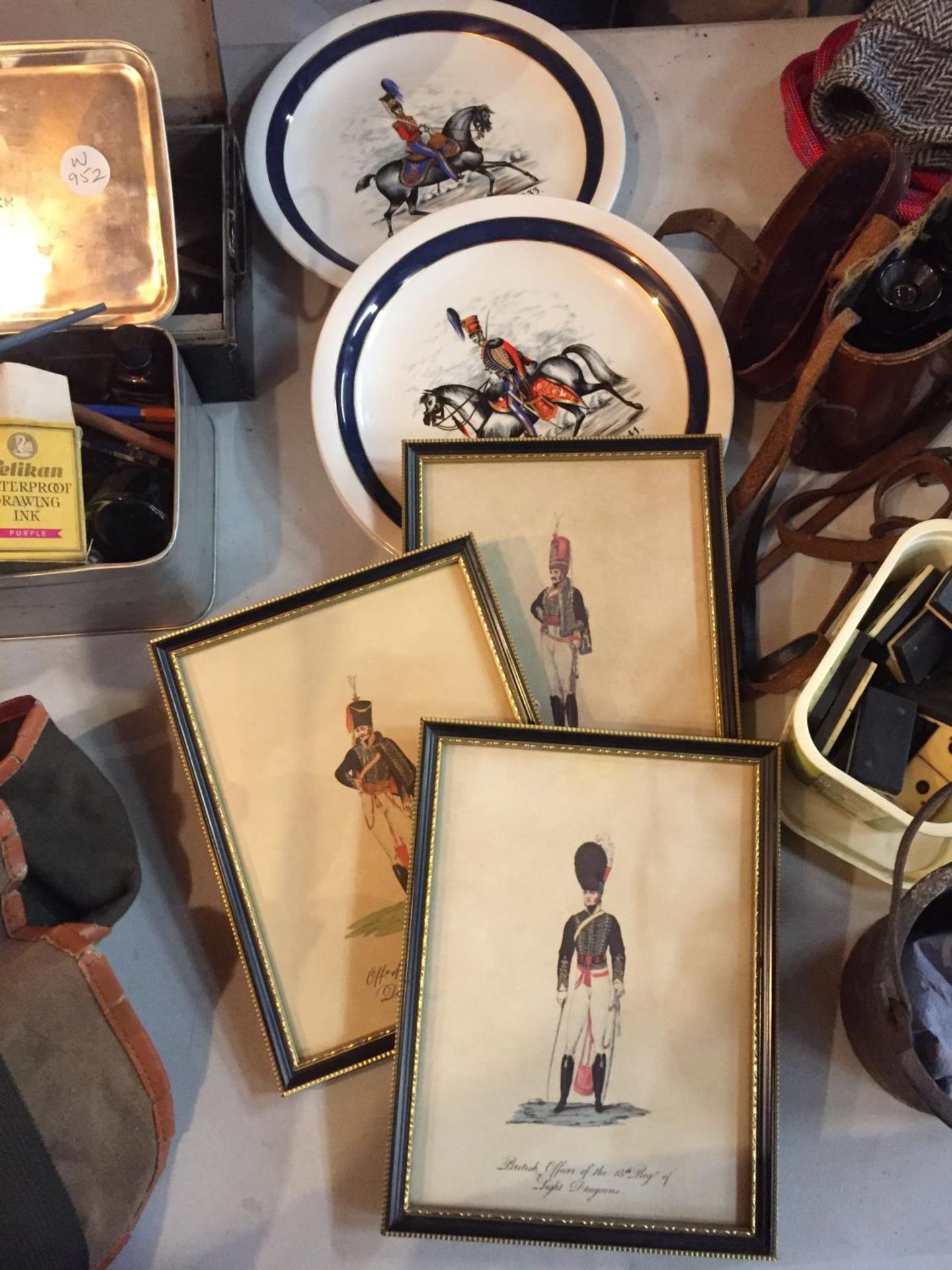 THREE FRAMED PICTURES OF MILITARY OFFICERS AND THREE CABINET PLATES BY WOOD AND SONS OF MOUNTED