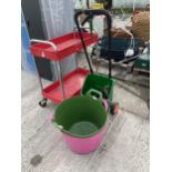 AN ASSORTMENT OF ITEMS TO INCLUDE A GARDEN SEEDER, TWO BUCKETS AND TOOLS ETC