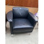 A KUSH CO LEATHER OFFICE EASY CHAIR ON CHROME LEGS WITH BRACKET TO FIT TABLE