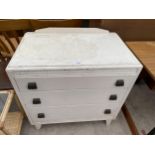 A WHITE PAINTED LEBUS FURNITURE CHEST OF THREE DRAWERS, 30" WIDE